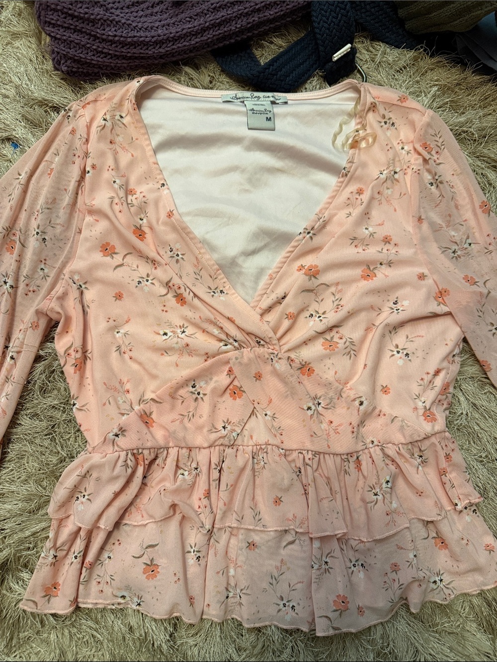 Peach Floral Wrap Peplum Blouse - Medium - Picture 1 of 3